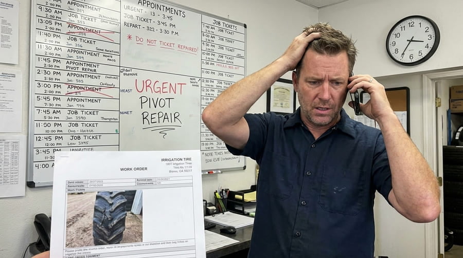 A technician on the phone, looking stressed, with a packed scheduling board in the background.