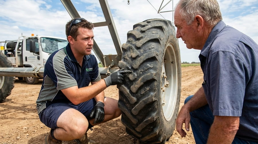 A technician closely inspecting an irrigation tire, pointing to a specific area of uneven wear.