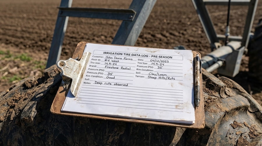 A close-up shot of a technician's clipboard with a checklist for tire data.
