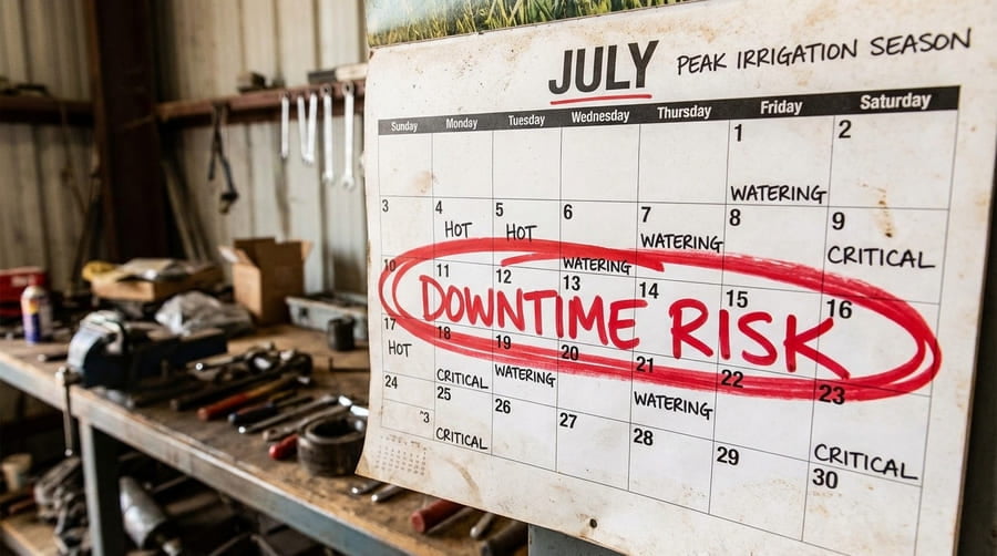 A calendar showing peak irrigation season with a large red circle around a date, symbolizing high-stakes downtime.