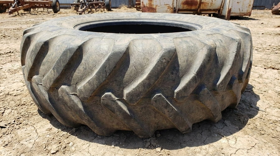 A close-up of micro-cracks forming on the surface of a tire stored outdoors.