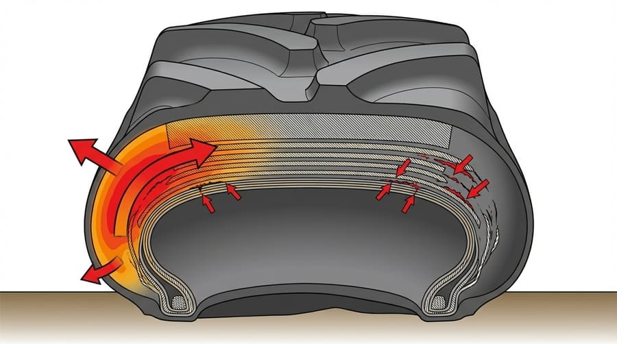 A diagram showing a cross-section of a irrigation tire, with stress arrows pointing to the internal structure of the flexing sidewall.