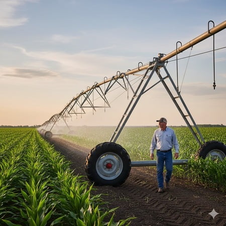 A farmer calmly inspecting a perfectly functioning pivot irrigation system in a green field.