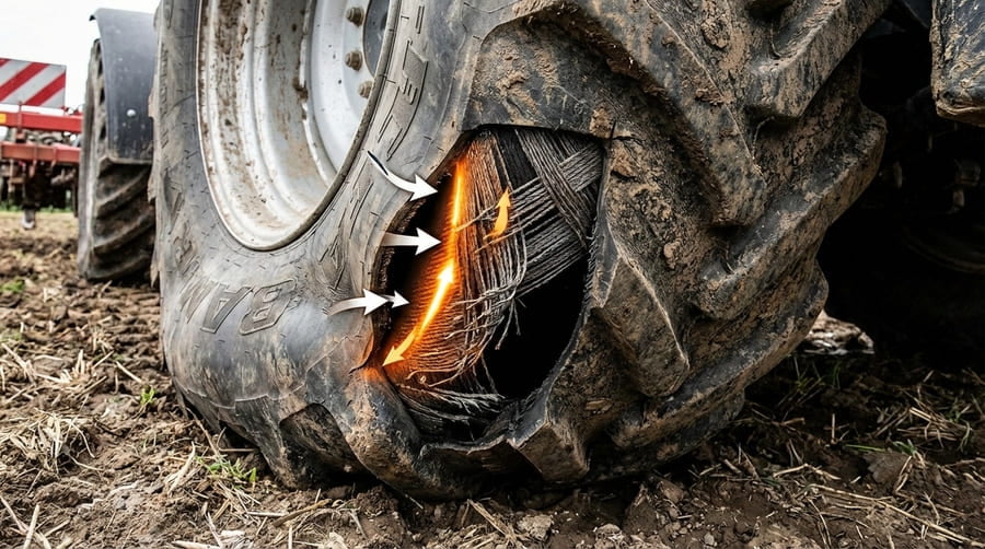 An illustration showing the cross-section of a tire, with arrows indicating the shearing forces between the internal plies as the sidewall flexes.