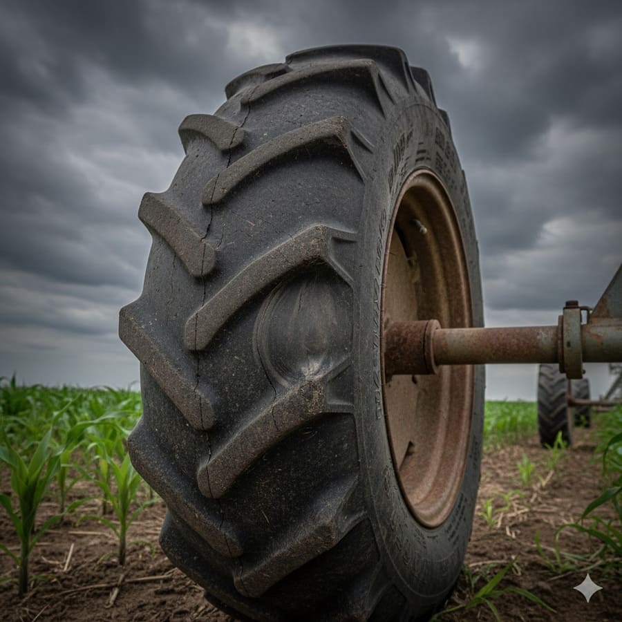 Close-up shot of a subtle bulge on the sidewall of an irrigation tire.