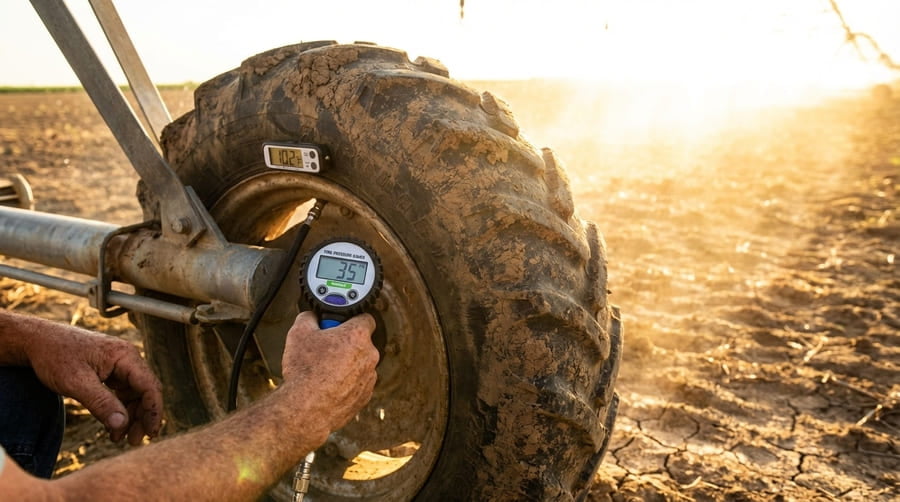A pressure gauge on an irrigation tire showing a normal reading, with a bright sun in the background to suggest it's a hot day.
