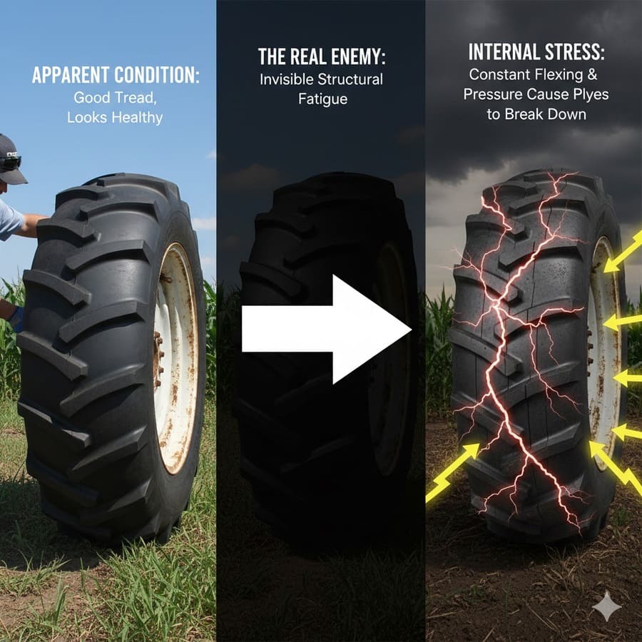 A diagram showing the internal layers of a tire, with arrows indicating stress points.
