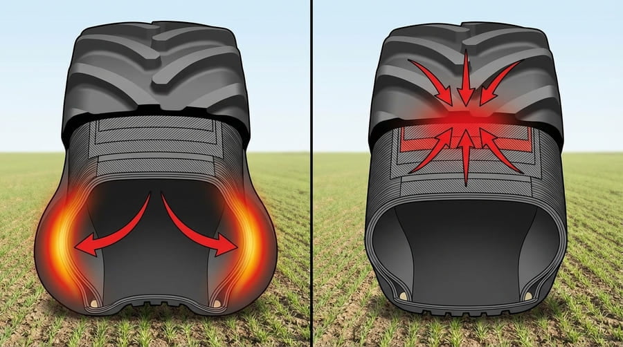 An infographic showing the internal stress points on an underinflated tire (sidewalls) versus an overinflated tire (tread center).
