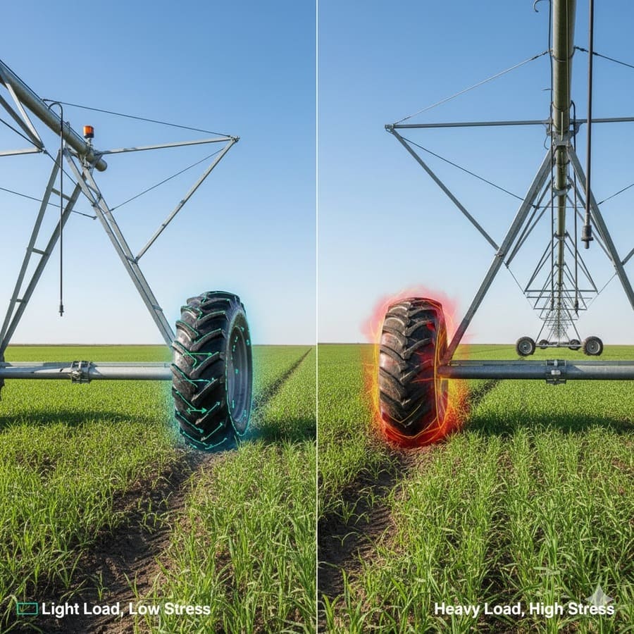 A diagram showing stress distribution on a tire under different load conditions.