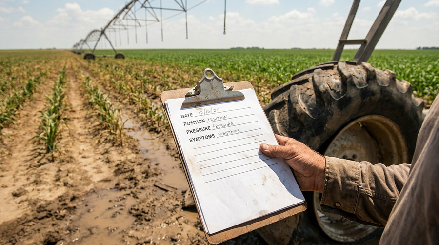 A close-up of a simple checklist on a clipboard, showing fields for Date, Position, Pressure, and Symptoms, held next to an irrigation tire.