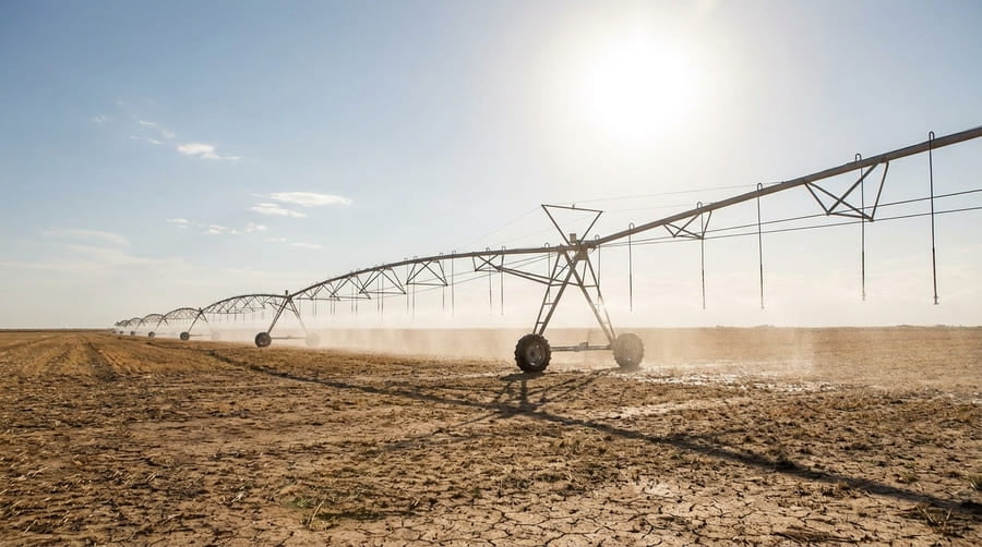 An irrigation pivot system working under a blazing sun in a dry field.