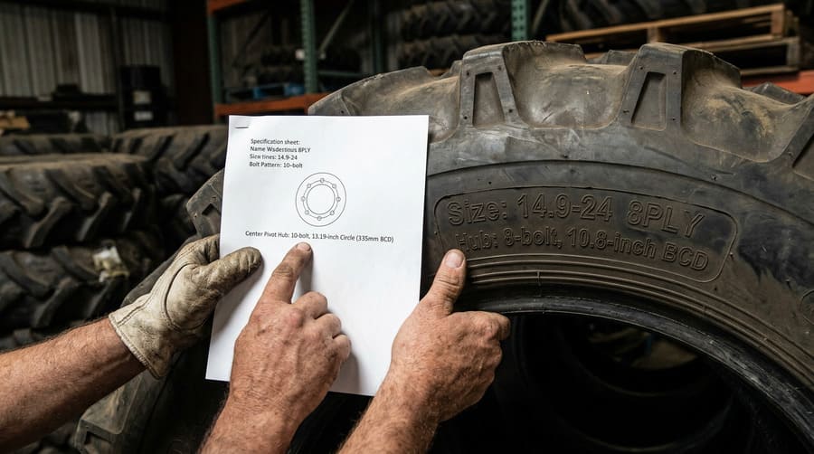 A close-up shot showing a tire's specification label not matching a machine's requirement sheet held next to it.