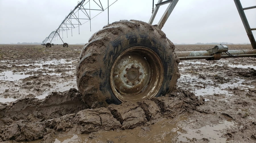 An irrigation tire navigating a deep, muddy rut, showing the sidewall under stress.