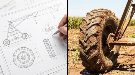 A split image showing a clean engineering blueprint on one side and a muddy, working tire on the other.