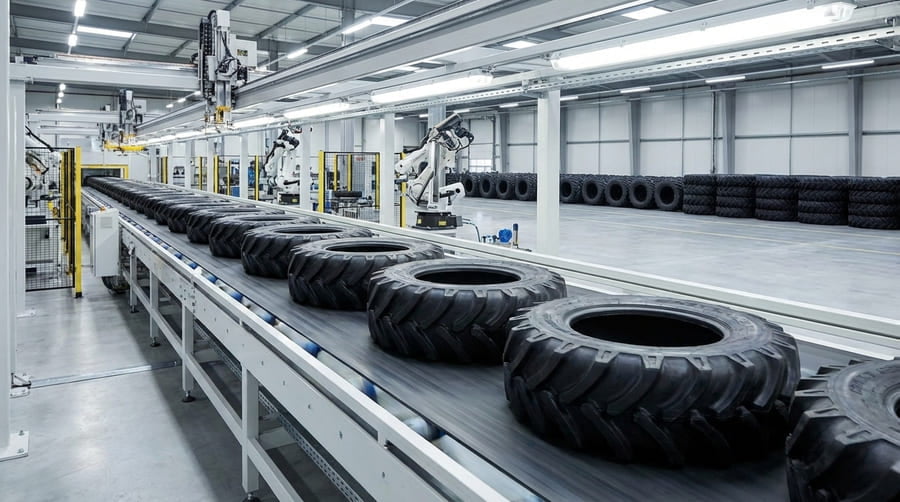 A long line of identical tires coming off a production line, emphasizing consistency.