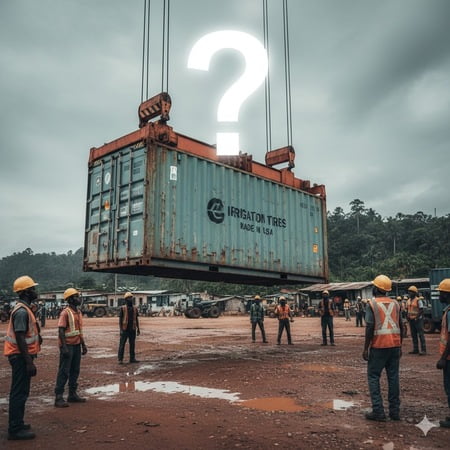 A shipping container of tires arriving in a new country, with a question mark over it.