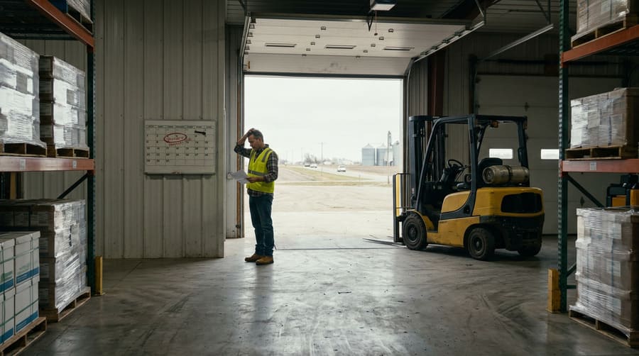 A calendar with a delivery date circled in red, now weeks in the past, with an empty warehouse bay visible.