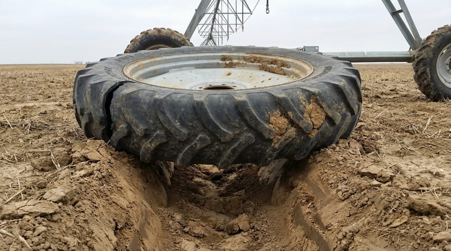 A cross-section view of a wide tire sitting unevenly in a V-shaped rut.