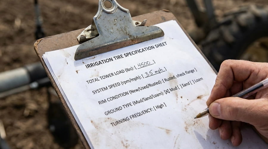 A close-up of a checklist with fields for load, speed, rim, and soil conditions.