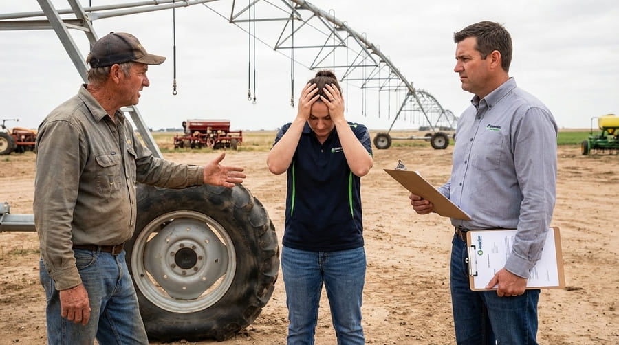 A farmer looking angrily at a failed irrigation tire while the dealer tries to explain.