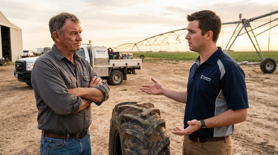A farmer with crossed arms looking skeptically at a dealer.