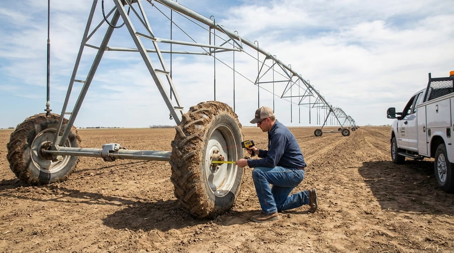 A mechanic checking the wheel alignment on a center pivot, not just looking at the tire.