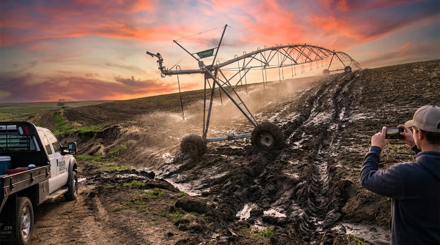 An irrigation pivot operating on a steep, muddy hillside.