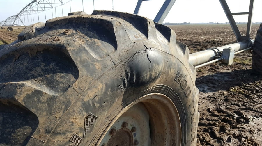 A close-up shot of a dangerous bulge on the sidewall of an irrigation tire.