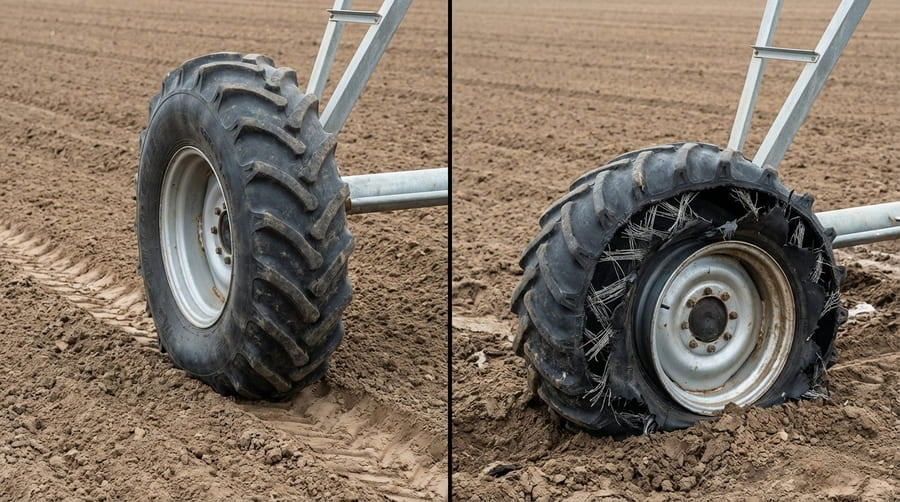 A split-screen image: on the left, healthy soil with minimal track marks; on the right, a tire that has failed with a large blowout on the sidewall.