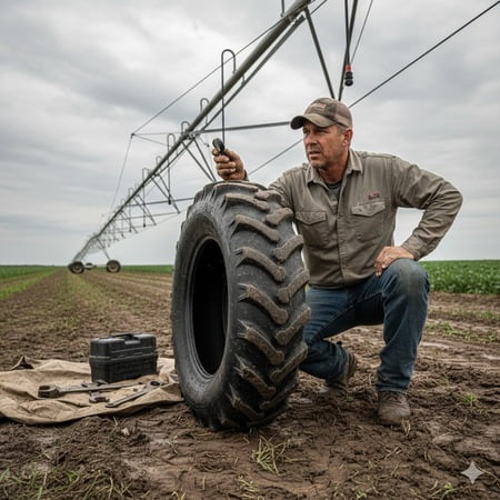 A technician looking uncertainly at a worn but not failed irrigation tire.