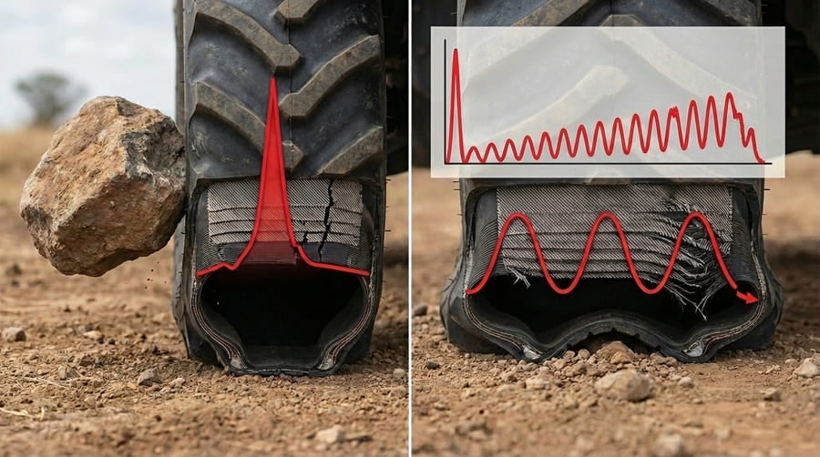 A chart comparing a single spike of impact stress to a lower, but continuous and repetitive, stress wave, with the repetitive wave leading to failure over time.