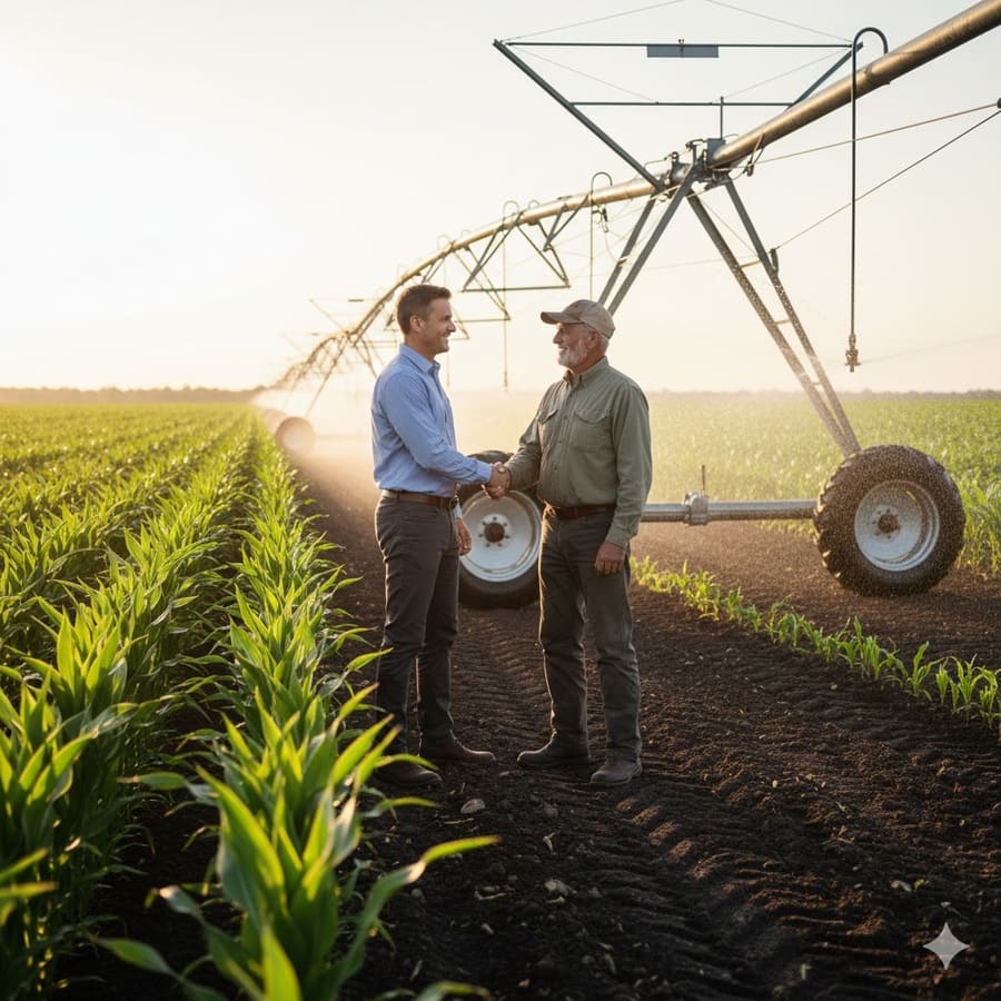A dealer shaking hands with a happy farmer in front of a pivot, symbolizing trust.