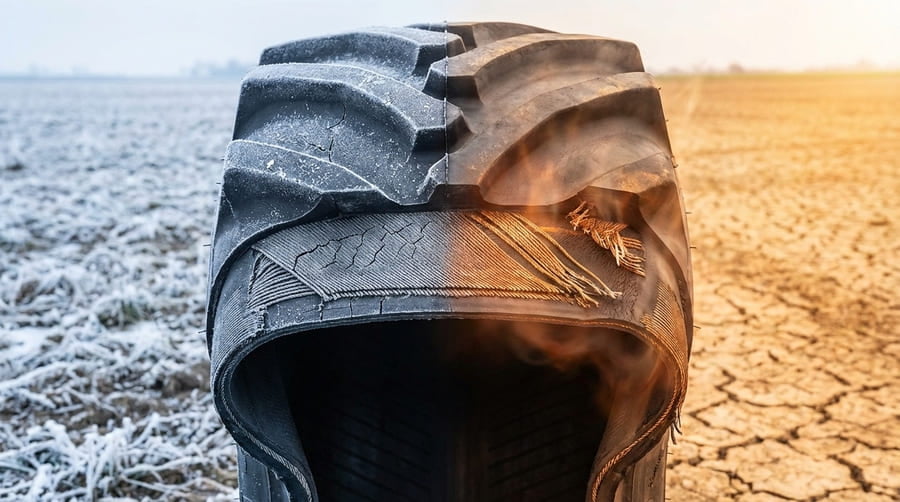 A close-up cross-section of a tire, with labels pointing to the rubber compound and internal plies, illustrating the materials affected by temperature.