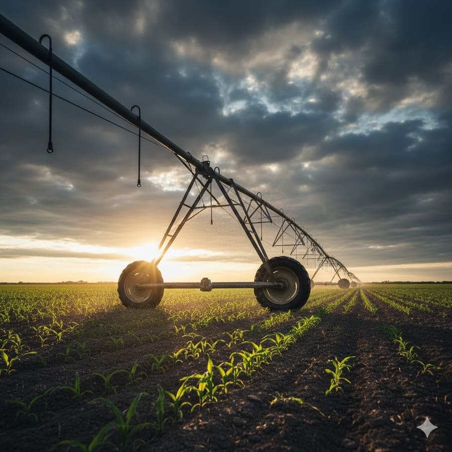 An irrigation pivot tower in motion, with a slight blur to indicate vibration.