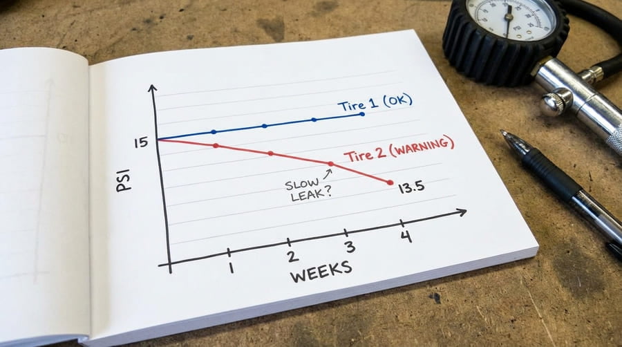 A simple line graph showing one tire's pressure holding steady over weeks, while another tire's pressure shows a slow, steady decline.