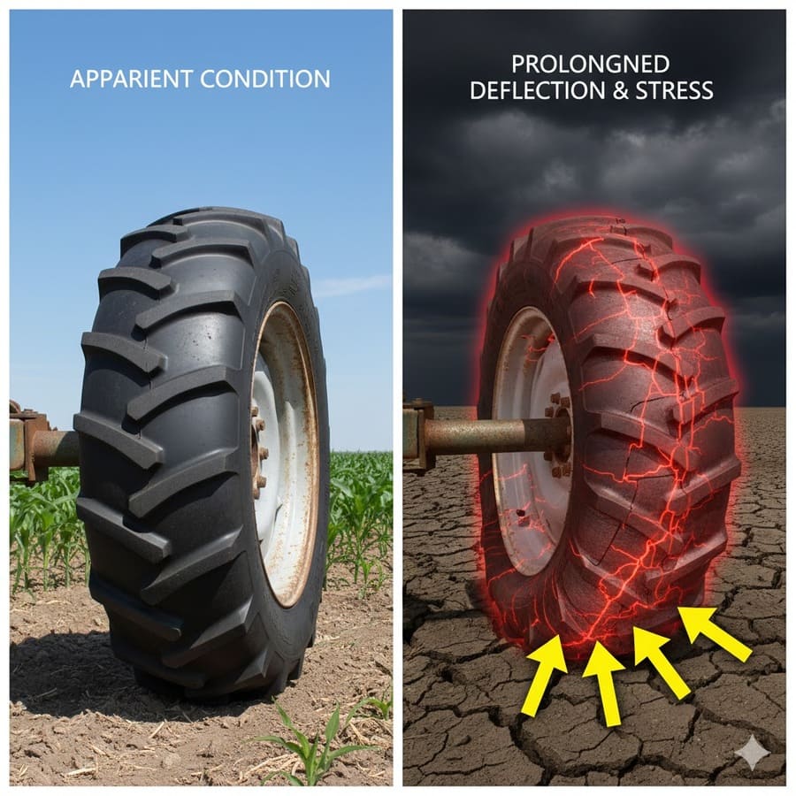 An animation-style image showing a tire under load, with the bottom "squashed" and arrows indicating stress.