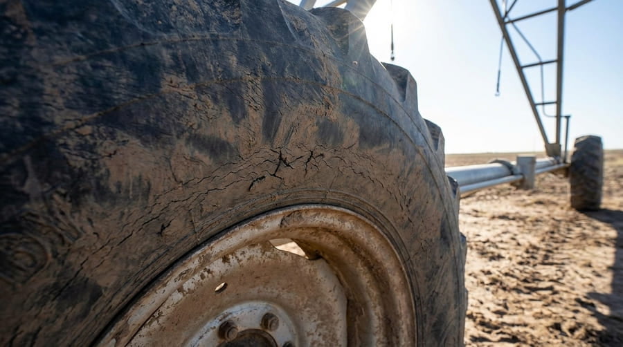 A close-up of an irrigation tire with hidden fatigue cracks forming near the bead, not easily visible.