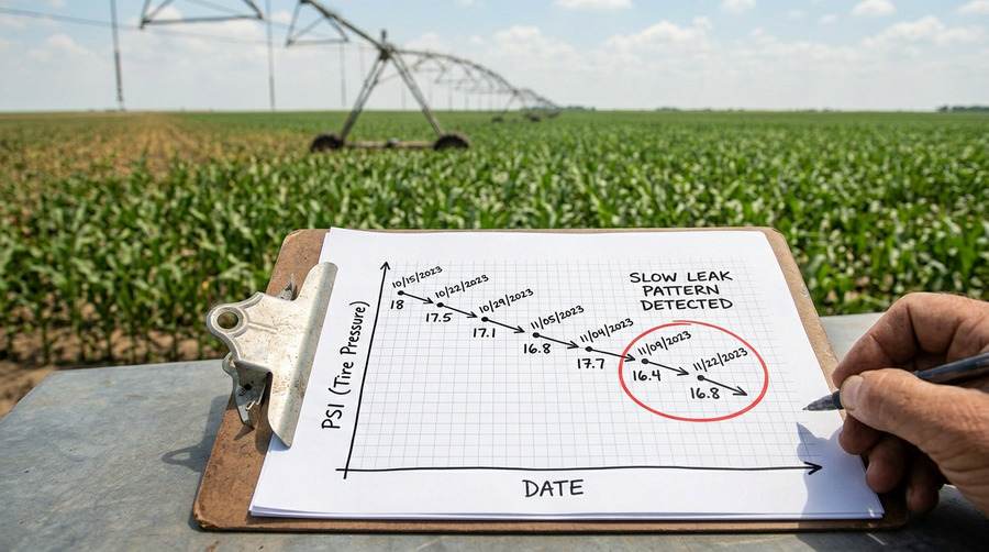 A simple line graph showing a tire's pressure slowly but consistently dropping over several weeks, indicating a slow leak.