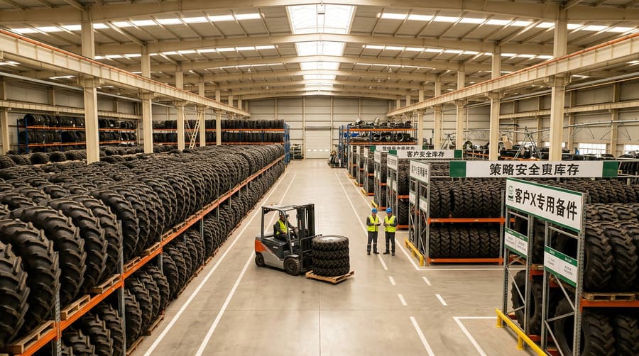 A neat and organized warehouse with rows of irrigation tires, with some rows specifically labeled "Safety Stock for Client X".