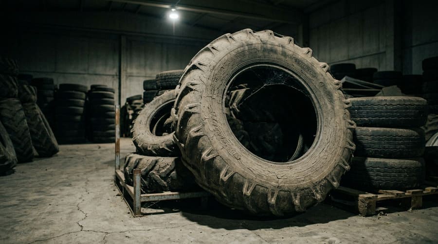 A dusty, weather-cracked irrigation tire in a poorly lit corner of a warehouse.
