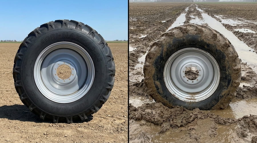 A split image showing the same model of tire, one on dry, flat ground and the other in wet, uneven terrain.