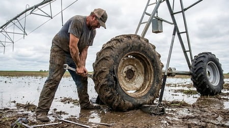 A farmer making a difficult and expensive tire repair in a muddy field.