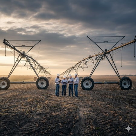 A lineup of different brands of irrigation pivots in one field.