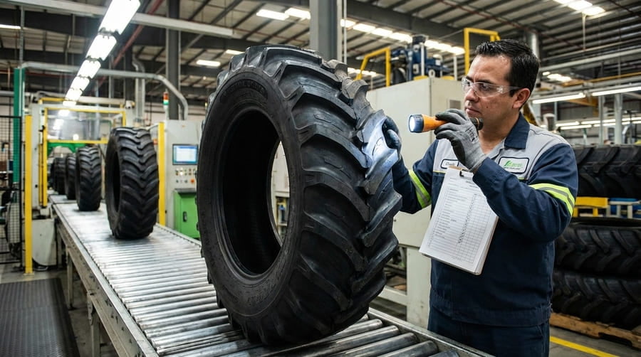 A factory quality control inspector examining a newly made irrigation tire.