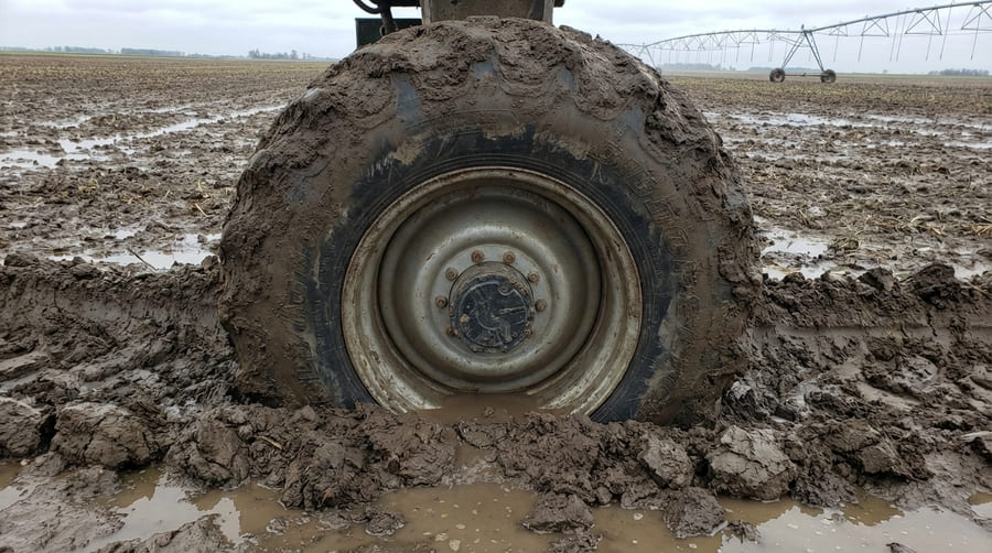 A perfectly fitted tire on a rim sinking deep into soft, muddy field conditions.