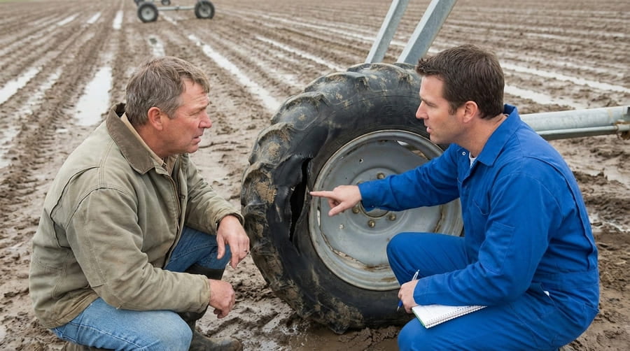 A technician inspecting a failed irrigation tire, pointing out the specific damage to the farmer.