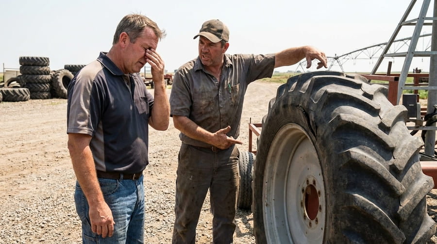 A dealer looking stressed, with an angry customer on one side and a supplier logo on the other.