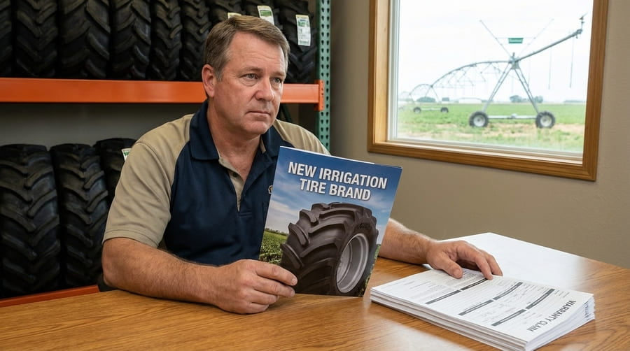 A dealer looking cautiously at a brochure for a new tire brand.