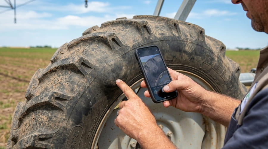 A dealer taking a clear photo of a tire bulge with their smartphone.