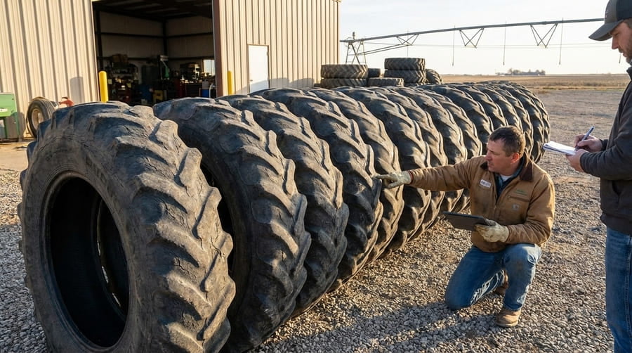A line-up of old, failed irrigation tires showing similar wear patterns and cracks.